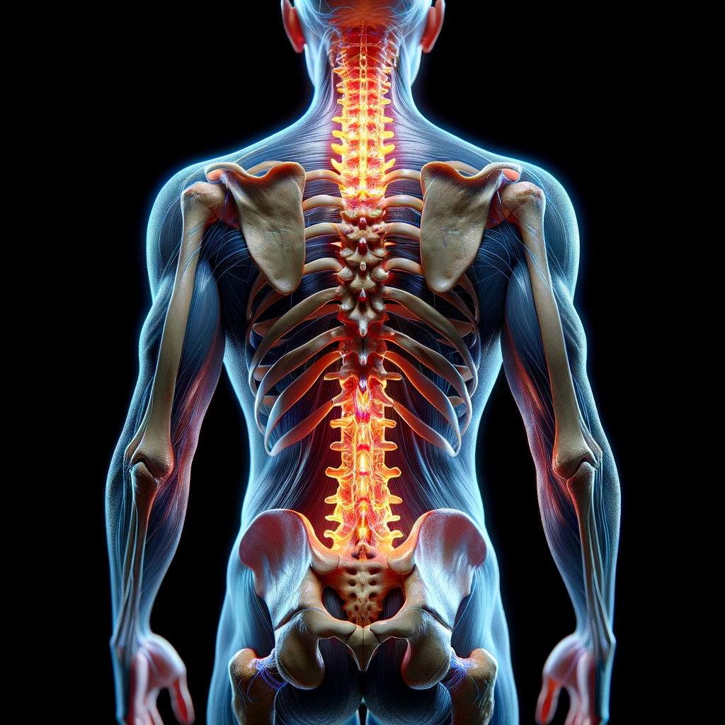 corpo umano anatomico di spalle e fisico storto, spina dorsale in evidenza, dolore alla schiena su un lato, iperrealistico 4k emoji