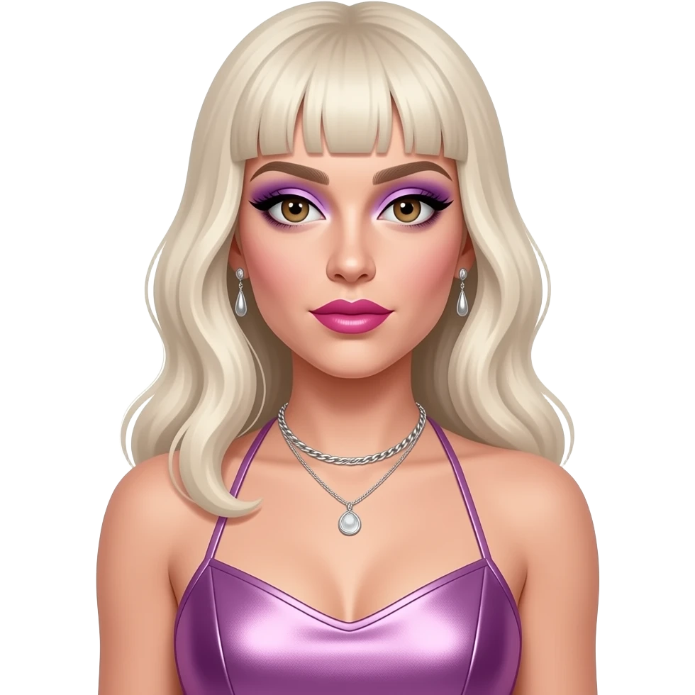 Lady Gaga with hazel eyes, long platinum blonde hair, lavender eyeshadow, hot pink lipstick, lavender pink metallic halter dress, silver necklace and earrings emoji