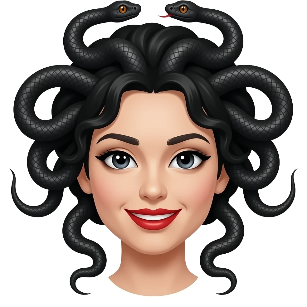 Medusa with black snake with red lipstick and a smirk emoji