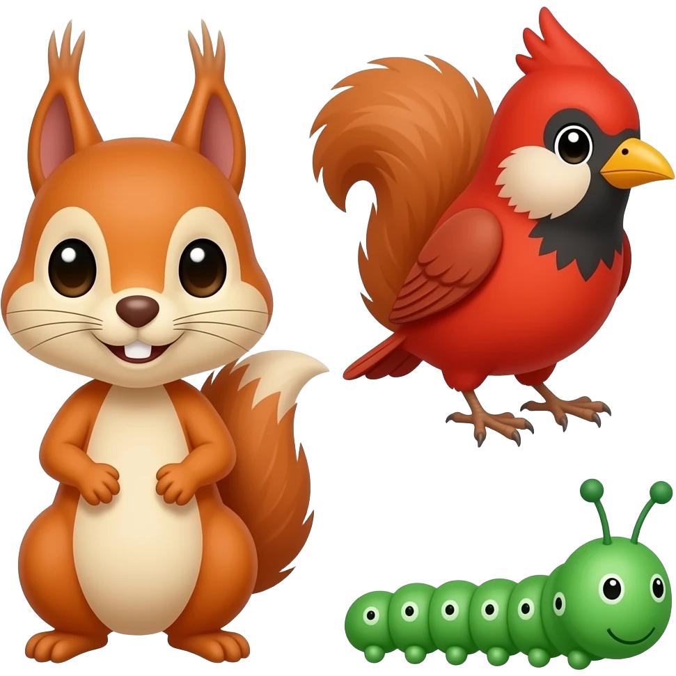 Orange squirrel, red bird, and green caterpillar emoji