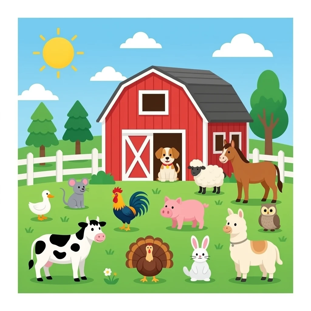 animals inside the peekaboo barn like have: Duck, mouse, dog, horse, sheep, chicken, donkey, pig, goat, cat, owl, rooster, rabbit, Turkey, cow, and llama emoji