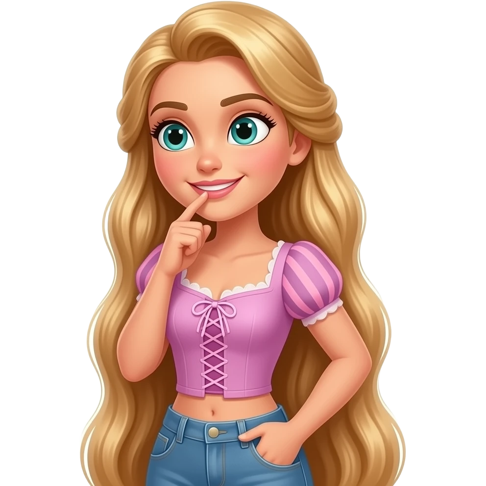 Woman that looks like Rapunzel and Adriana Lima and has light brown hair and light brown eyes and is wearing baby pink crop top and jeans and is looking to the side and thinking and planning emoji