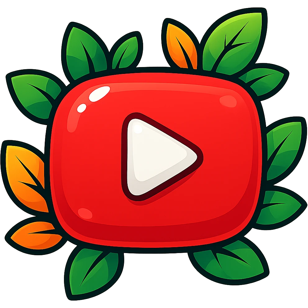 Extra rounded, puffy YouTube logo in vibrant toon style with bold outline, strong graphic shadows, bright highlights, decorated with colorful leaves, no background. Extra attention to contours and shine, in the style of the reference image, but even more rounded and flat. emoji