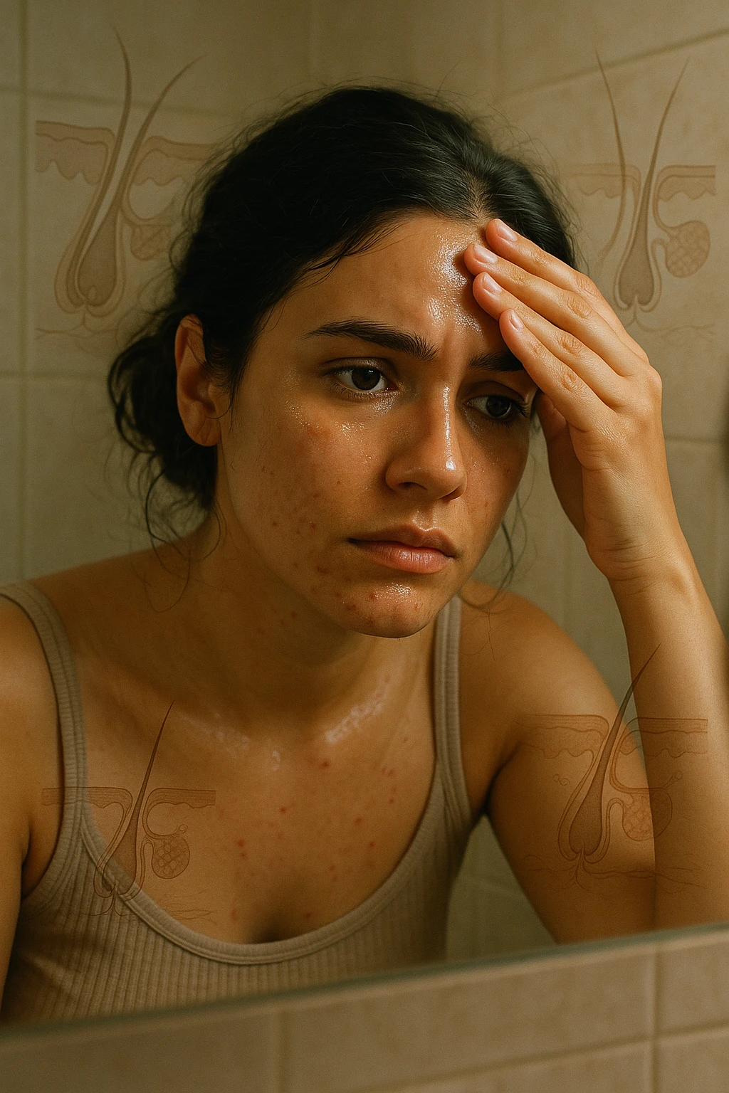 A realistic, cinematic portrait of a young woman in her late 20s with medium skin tone, sitting in front of a mirror in a softly lit bathroom. Her facial skin appears oily with a noticeable shine on her forehead, nose, and cheeks due to overactive sebaceous glands caused by PCOS. Small acne spots are visible along her jawline and chin, highlighting hormonal imbalance. She gently touches her forehead with her fingertips, checking the oiliness with a slightly concerned expression. Her dark hair is tied loosely, showing a few strands sticking to the sides of her face because of excess sebum. Subtle overlays of scientific diagrams of sebaceous glands can be softly blended into the background, symbolizing the overproduction of sebum. The atmosphere is clean and realistic, with warm daylight tones and a soft depth of field, ensuring emotional connection while maintaining medical educational value. 35mm film style, highly detailed skin texture and reflections on the oily areas for a hyperrealistic effect in italiano emoji