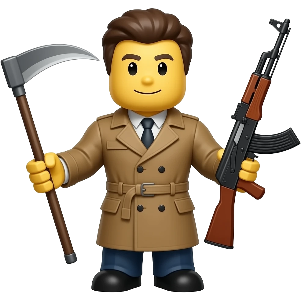 VIADIMIR KOLTSOV (roblox character who is yellow and is holding a sickle and a  ak47 and has a brown trenchcoat emoji