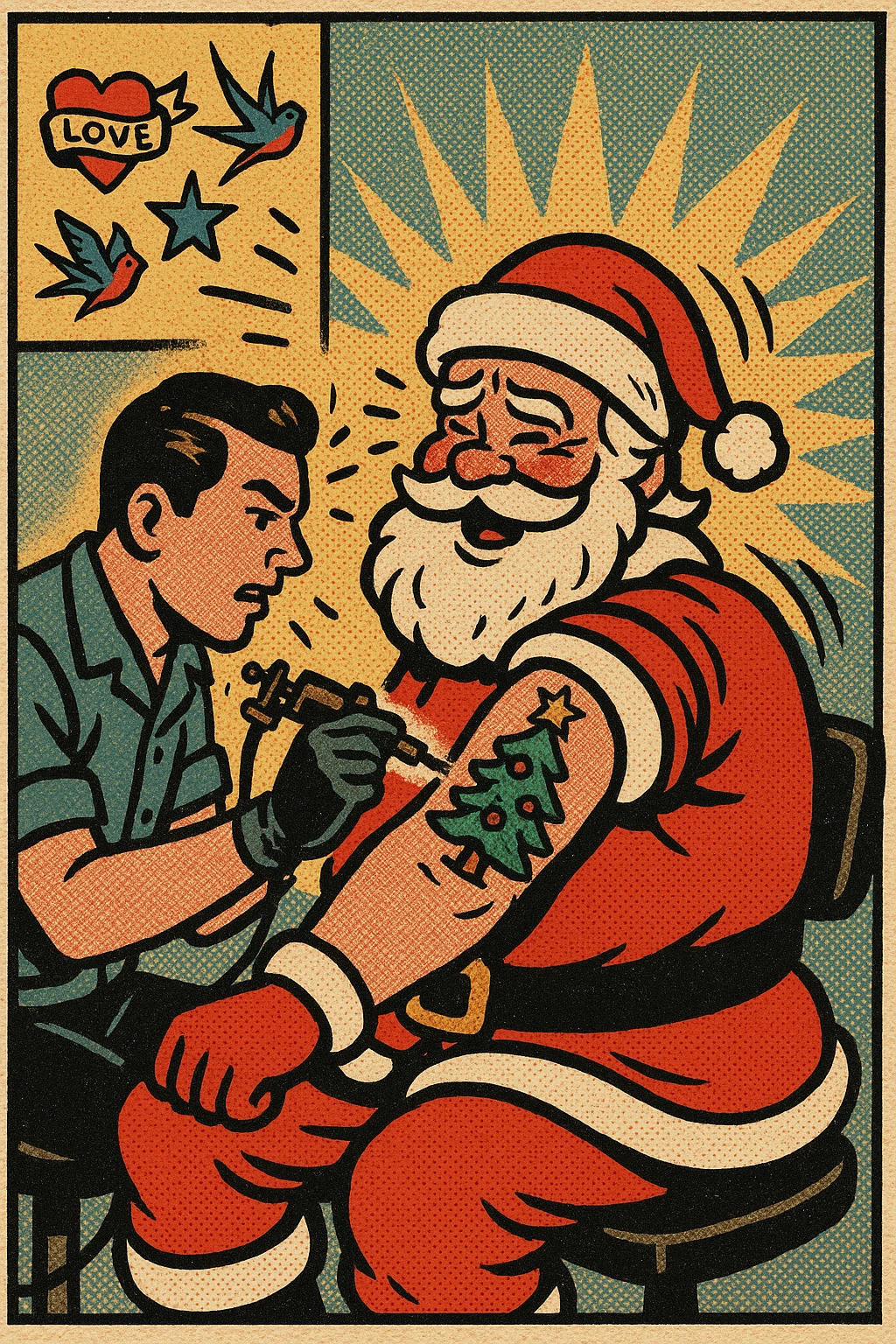 A Christmas scene in a tattoo parlor with Santa getting a tattoo emoji