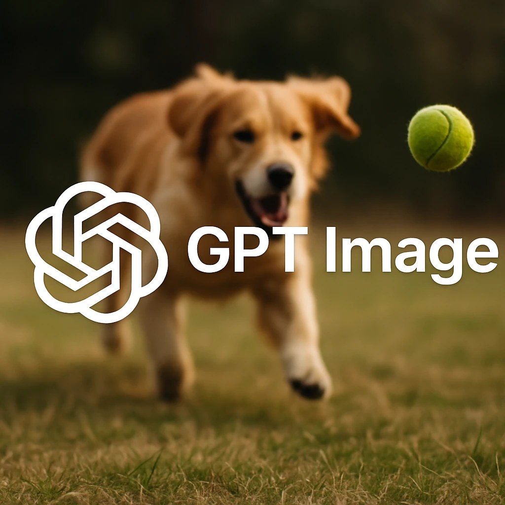  logo of chat gpt with text "GPT Image" on the background of a dog chasing ball, realistic image emoji