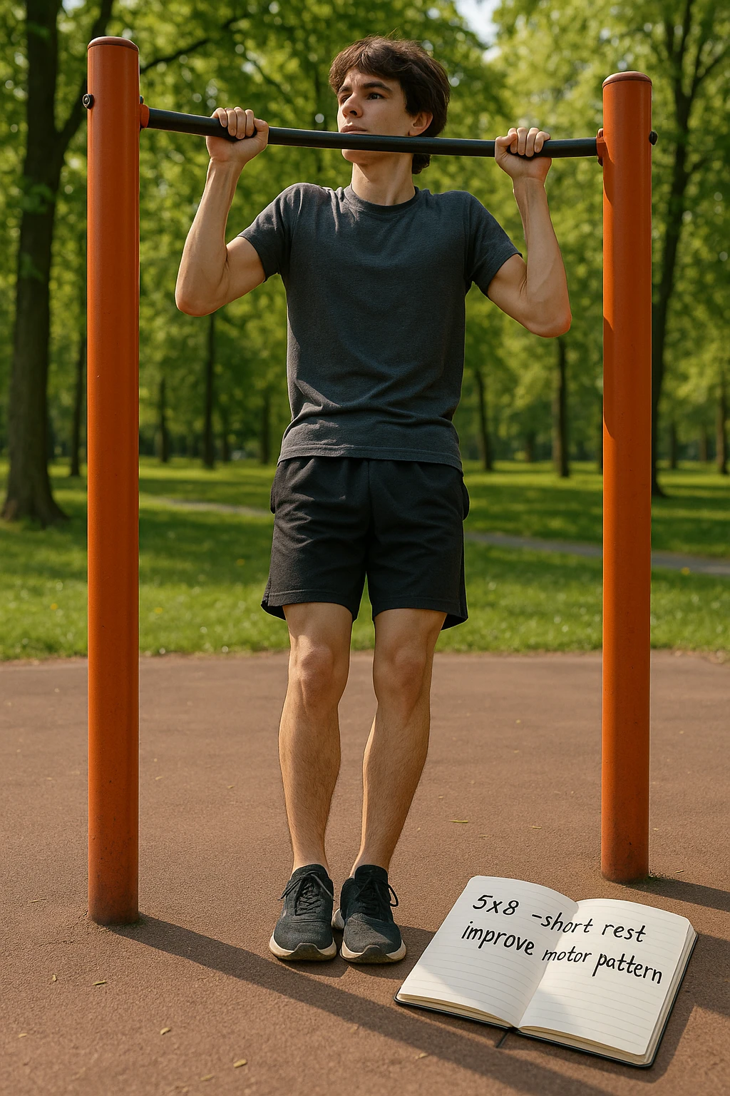 Giovane principiante dello streetlifting in un parco, fisico ancora asciutto, esegue lunghe serie di trazioni senza peso, con tecnica controllata. A terra, un taccuino con scritto '5x8 - riposo breve - migliorare schema motorio'. Espressione concentrata. Luce naturale, atmosfera educativa, senso di costruzione progressiva. emoji