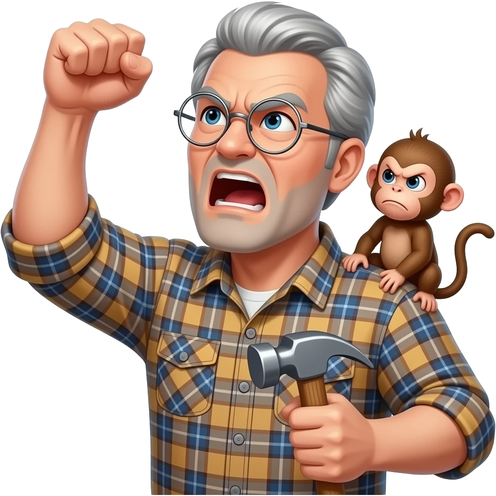 Angry old man with a plaid shirt with silver round glasses with grey hair, no beard or mustache yelling at the sky and shaking his fist angrily at the sky holding a hammer in his LEFT hand and a angry baby monkey on his shoulder. emoji