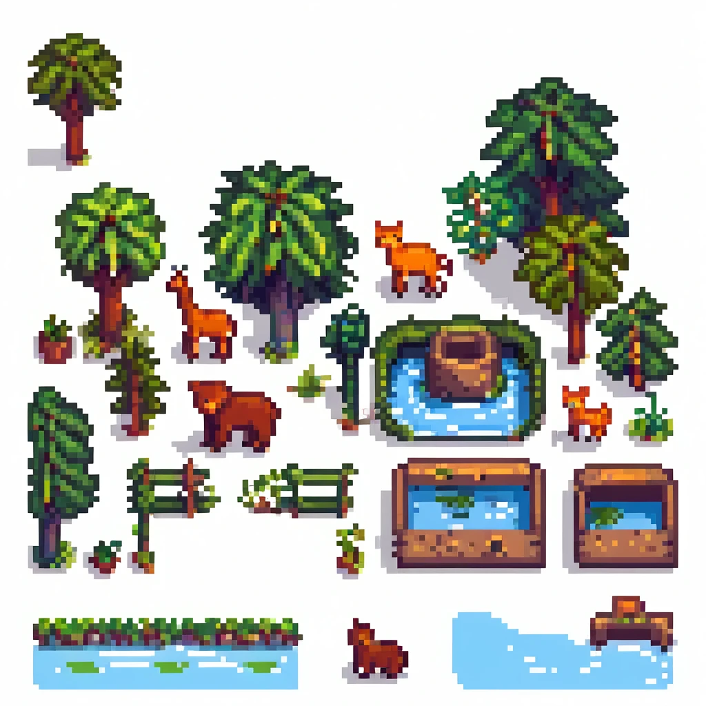 pixel art style zoo scene with trees and animal habitats emoji