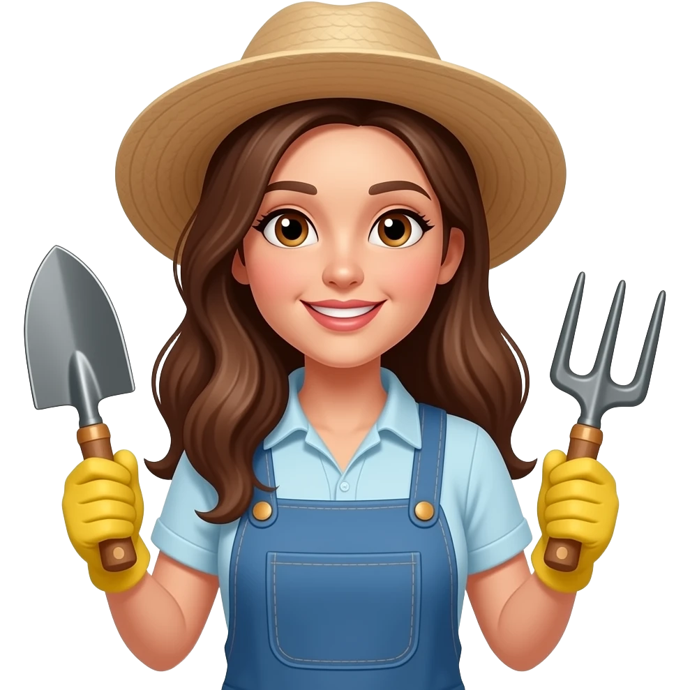 Gardener female long brown hair brown eyes pretty holding garden tools emoji