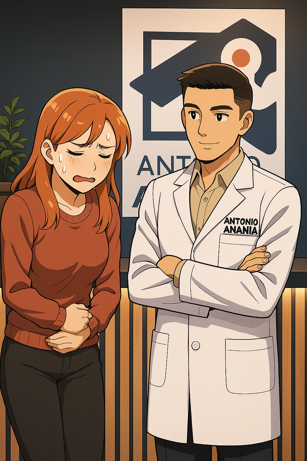 su questo stile fai un manga/webtoon a colori in cui una donna si lamenta che sta male e ha mal di pancia, l'uomo della foto in stile manga gli risponde, mantieni un ambiente simile alla foto che ho allegato con il suo logo (sarebbe il suo studio, lui è un kinesiologo), scrivigli "ANTONIO ANANIA" sul camice bianco, non mettere fumetti, ma fai in modo che sembri che la donna chiede una cosa e l'uomo risponde alla sua domanda emoji