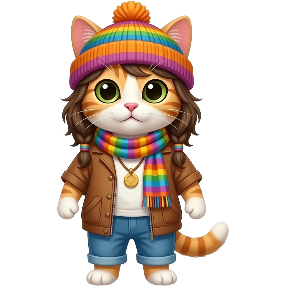 hippy cat with loose colourful hippy clothes, scarf, beanie, front facing emoji