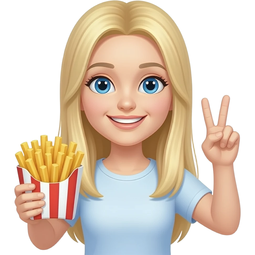 Blonde lady straight hair middle part long holding french fries in a stripped red and white holder throwing up peace with innocent smile emoji