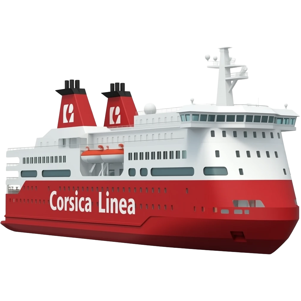 Ferry Corsica linea pascal Paoli rouge et blanc avec un logo Corsica linea et le bateau a deux cheminée emoji