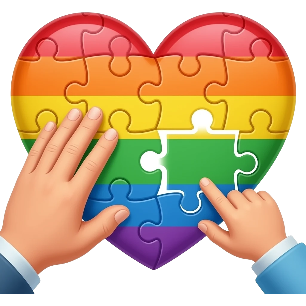 big heart rainbow puzzle with one adult hand and one children hand making the puzzle emoji