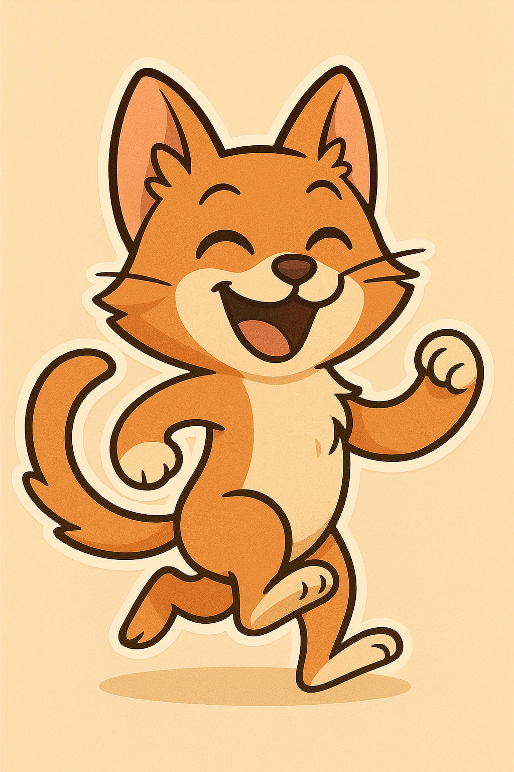 Make this happy dog-cat creature look more like a cat, adding more cat-like body shape, perky cat ears, and a feline smile, while keeping the energetic pose and whimsical style. emoji
