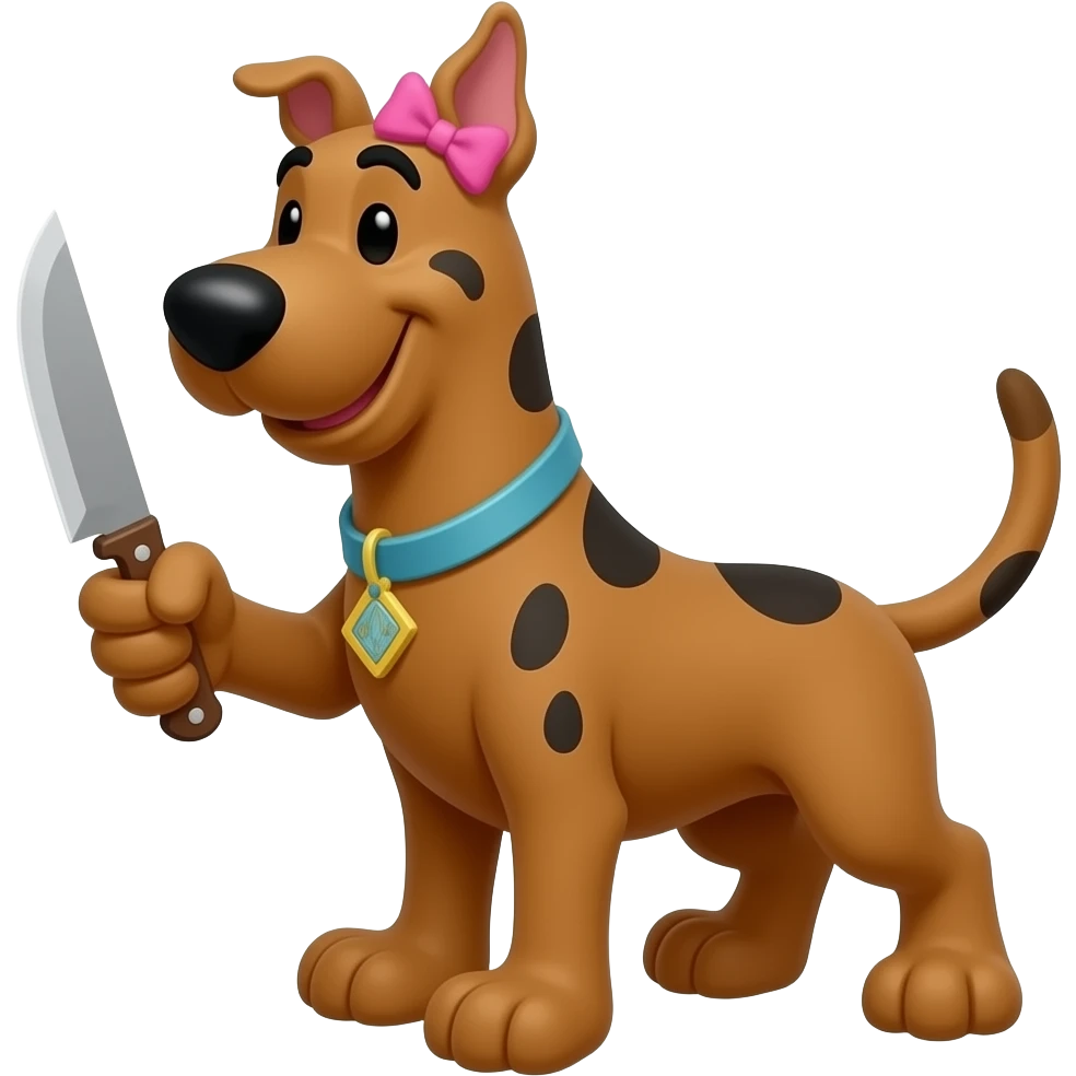 Scooby doo with a bow in one ear and a pink collar, with a knife in her paw emoji