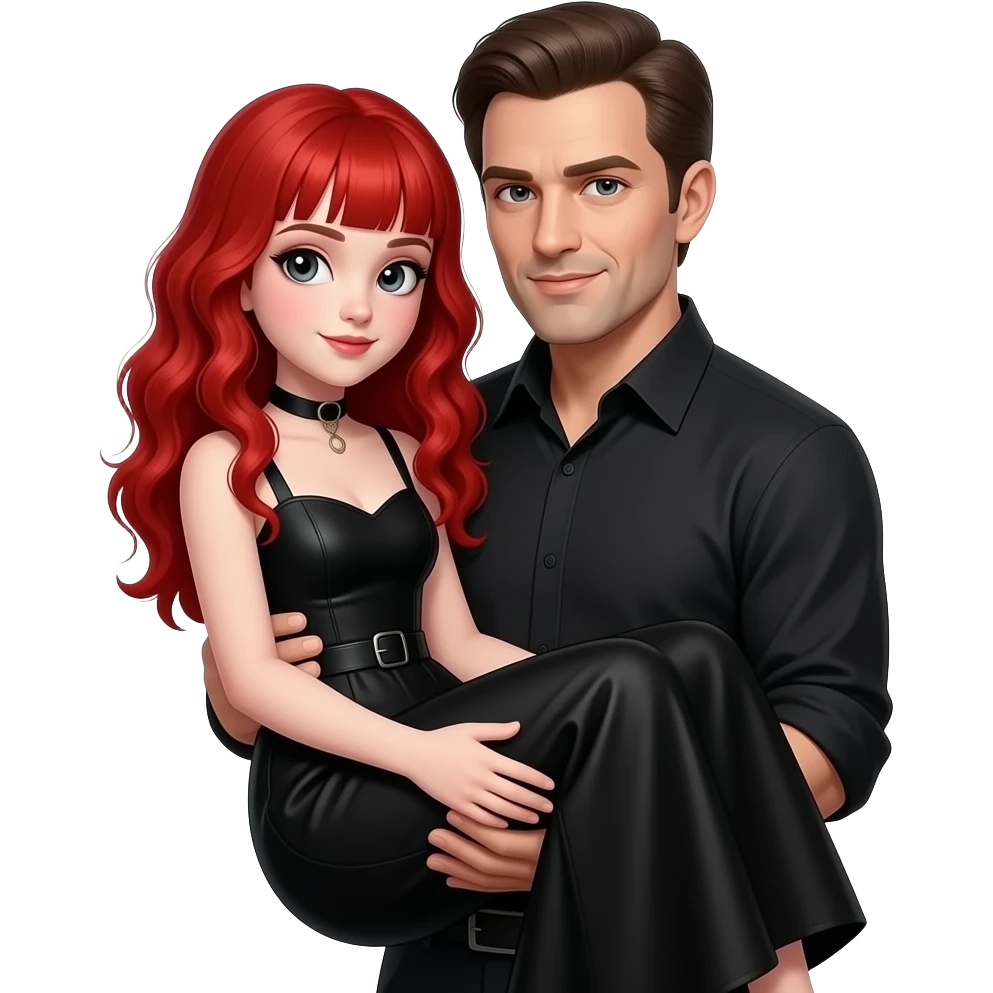 Vampiro femmina 12enne con capelli lunghi rosso fuoco ondulati e con una frangetta con pelle bianca che indossa un vestito stretto in vita e largo sotto lungo e nero e sta in braccio al papà vampiro emoji