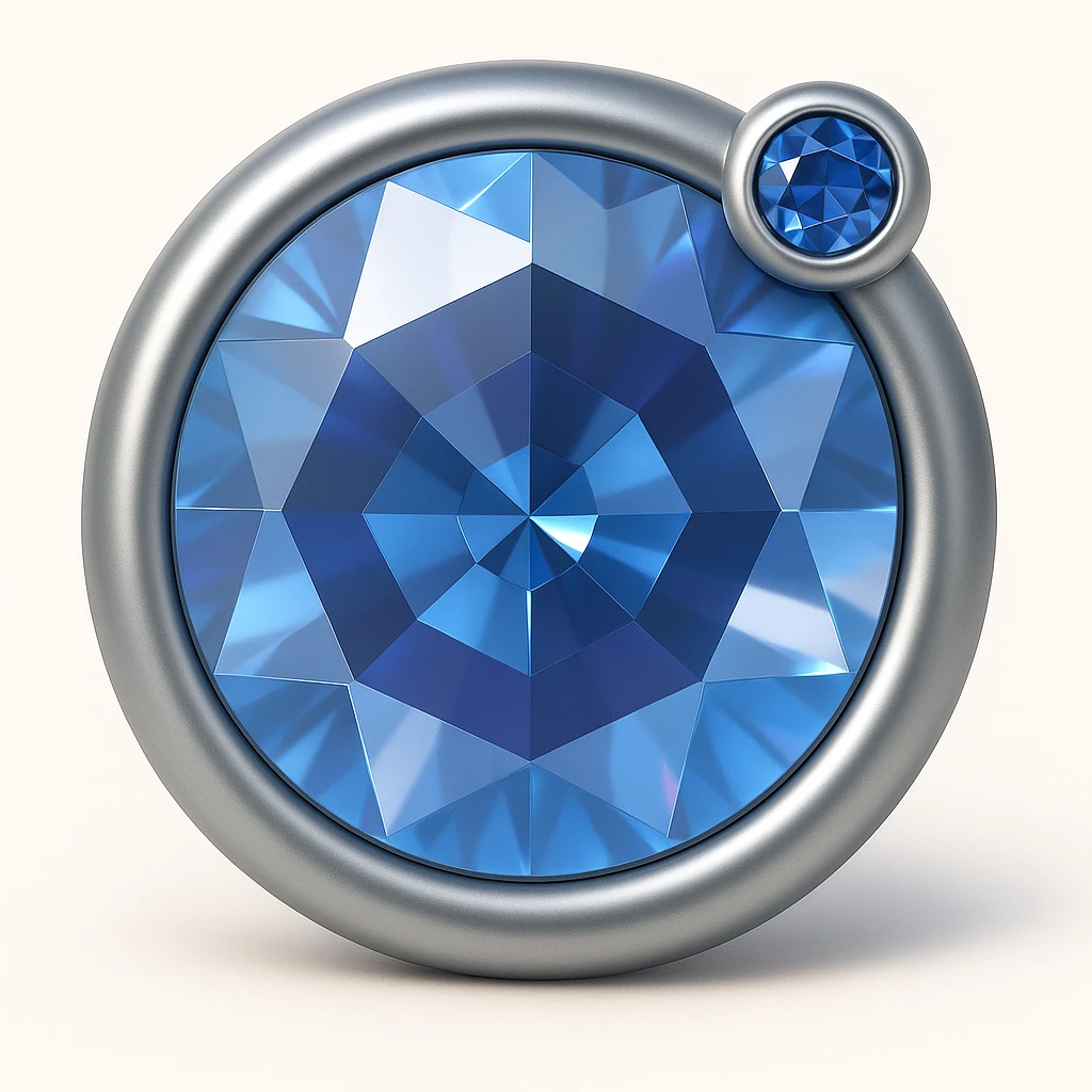 add a small blue sapphire gemstone accent to the silver jewelry setting, keep the 3D emoji style emoji