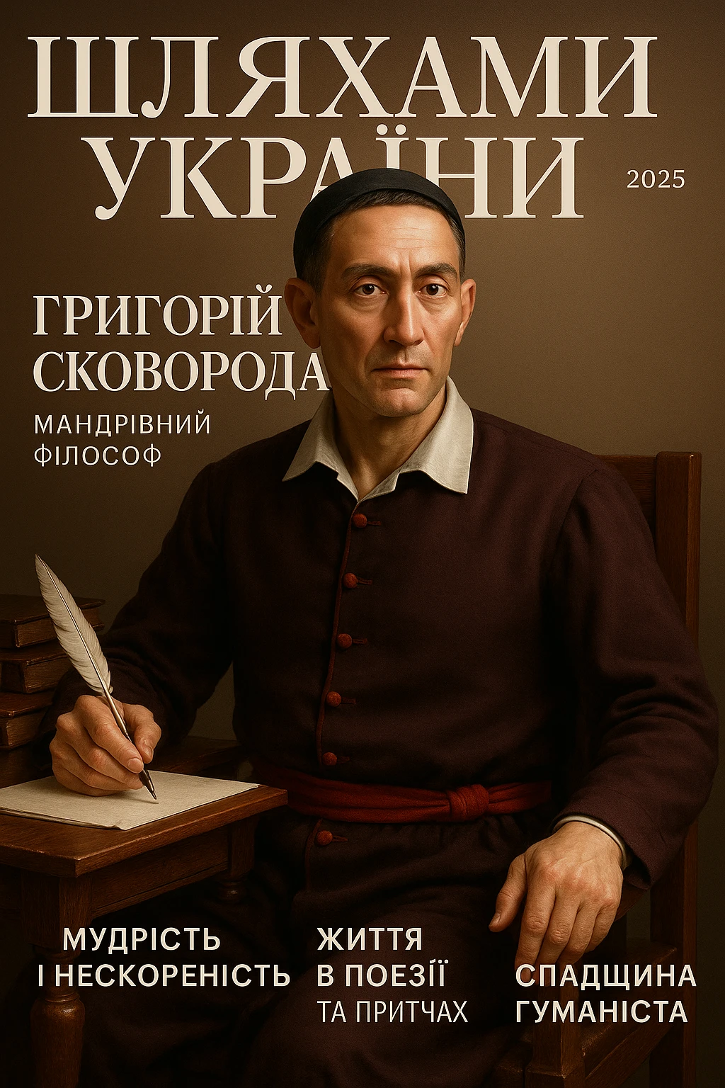 Create a glamorous, ultra-realistic magazine cover titled "Шляхами України".
The cover features Princess Olga from the downloaded image.
The cover design should be bright with elegant typography.
Add the title: "Григорій Сковорода", the subtitle: "Мандрівний філософ", and the release date: "2025".
Include additional subheadings and a well-thought-out layout.
Premium lighting, dramatic shadows, rich colour correction, glossy paper texture, minimalist background, focus on the character and typography in the spirit of glossy publications. emoji