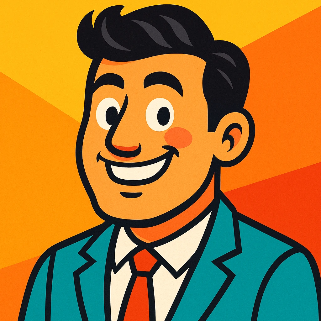 a smiling man with thick hair, looking confident and happy after a hair transplant, vibrant cartoon style emoji