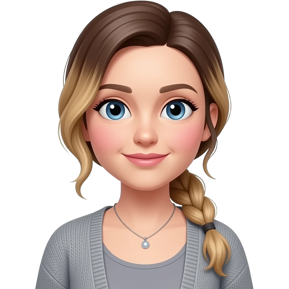 pink cheeks, smaller Blue eyes, light skin, longer brown/blond balage hair pony tail, no plait 38 aged women, cardigan, grey top,small necklace emoji