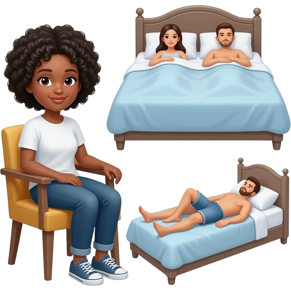 person sitting in corner chair with a couple laying in a bed naked the girl is black emoji