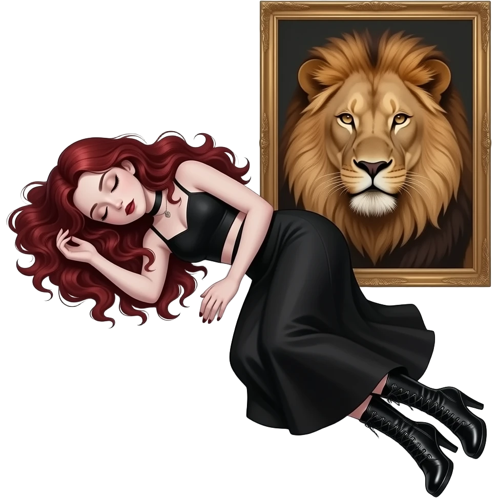 Vampiro adolescente femmina con pelle bianca e capelli rosso ondulati lunghi che indossa una gonna lunga nera e un top-canottiera nera e degli stivali lunghi neri con tacco e che sta dormendo con un leone emoji