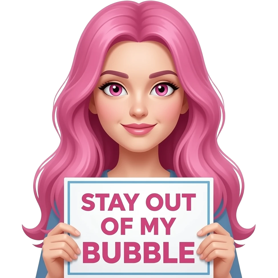 sexy girl with long pink hair and pink eyes holding a STAY OUT OF MY BUBBLE sign emoji