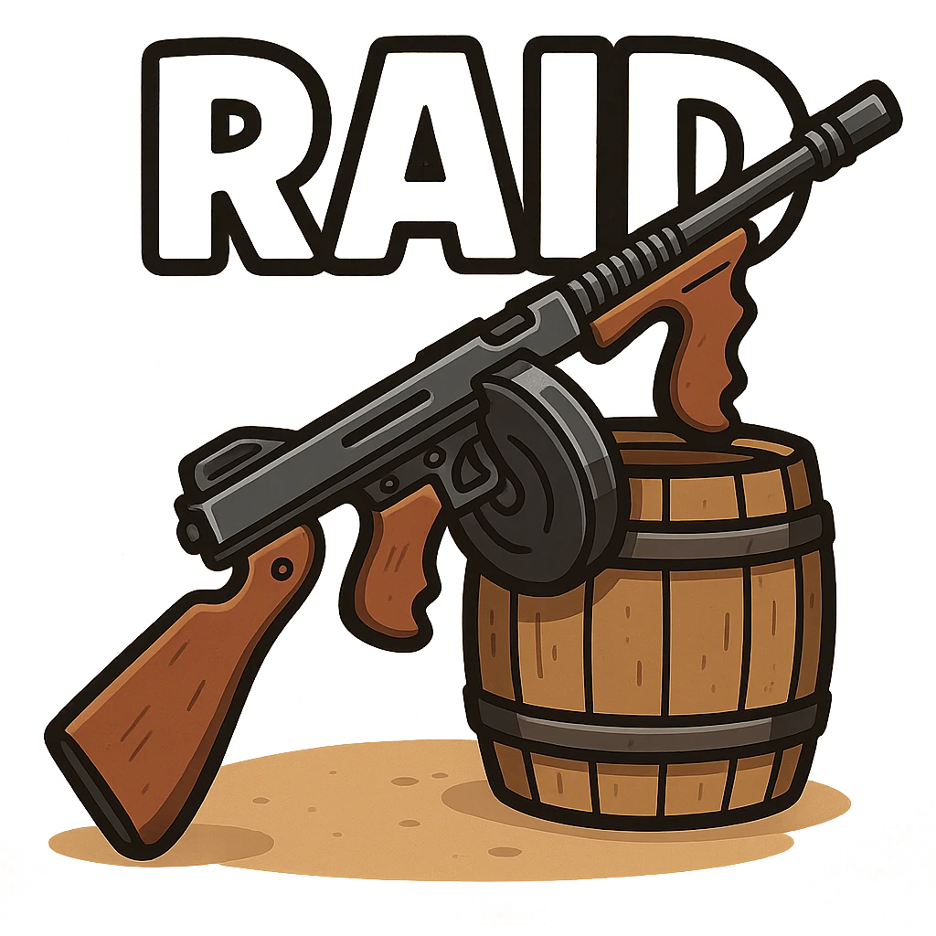 A detailed Thompson submachine gun with a drum magazine leaning against a barrel, with the word 'RAID' prominently over it, suitable for an icon or sticker emoji