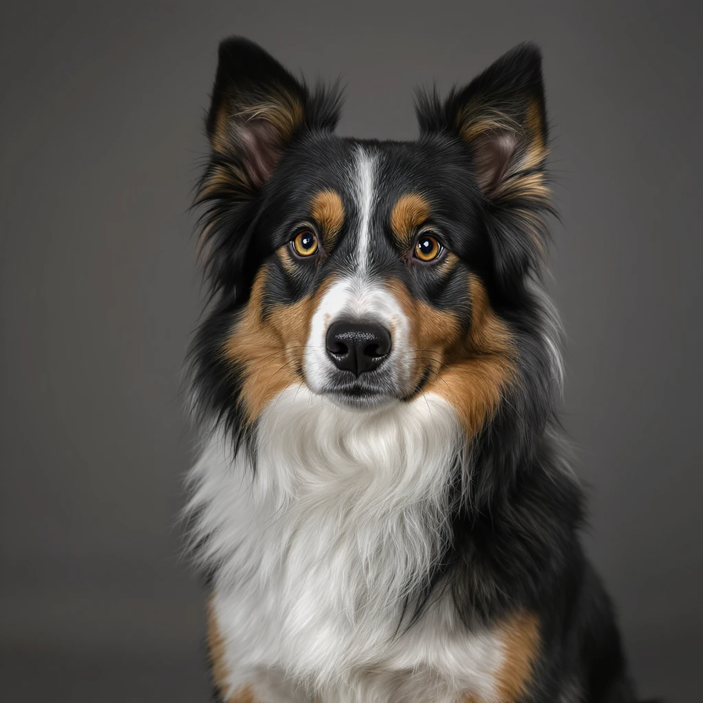Argentinian Border Collie dog, highly realistic, natural fur texture, intelligent eyes, sitting, neutral background emoji