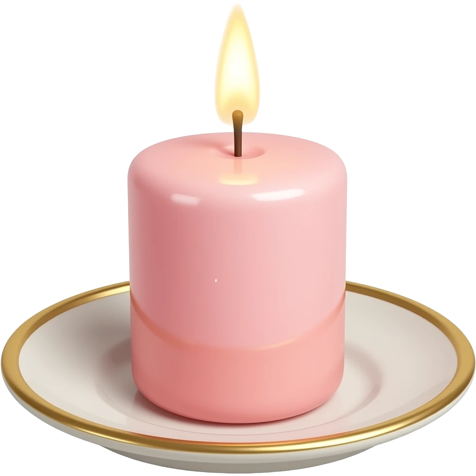Thin tall neat petite cute slim dainty narrow Pastel Reddish-pinkish vintage candle on a tiny narrow gold and white plate emoji