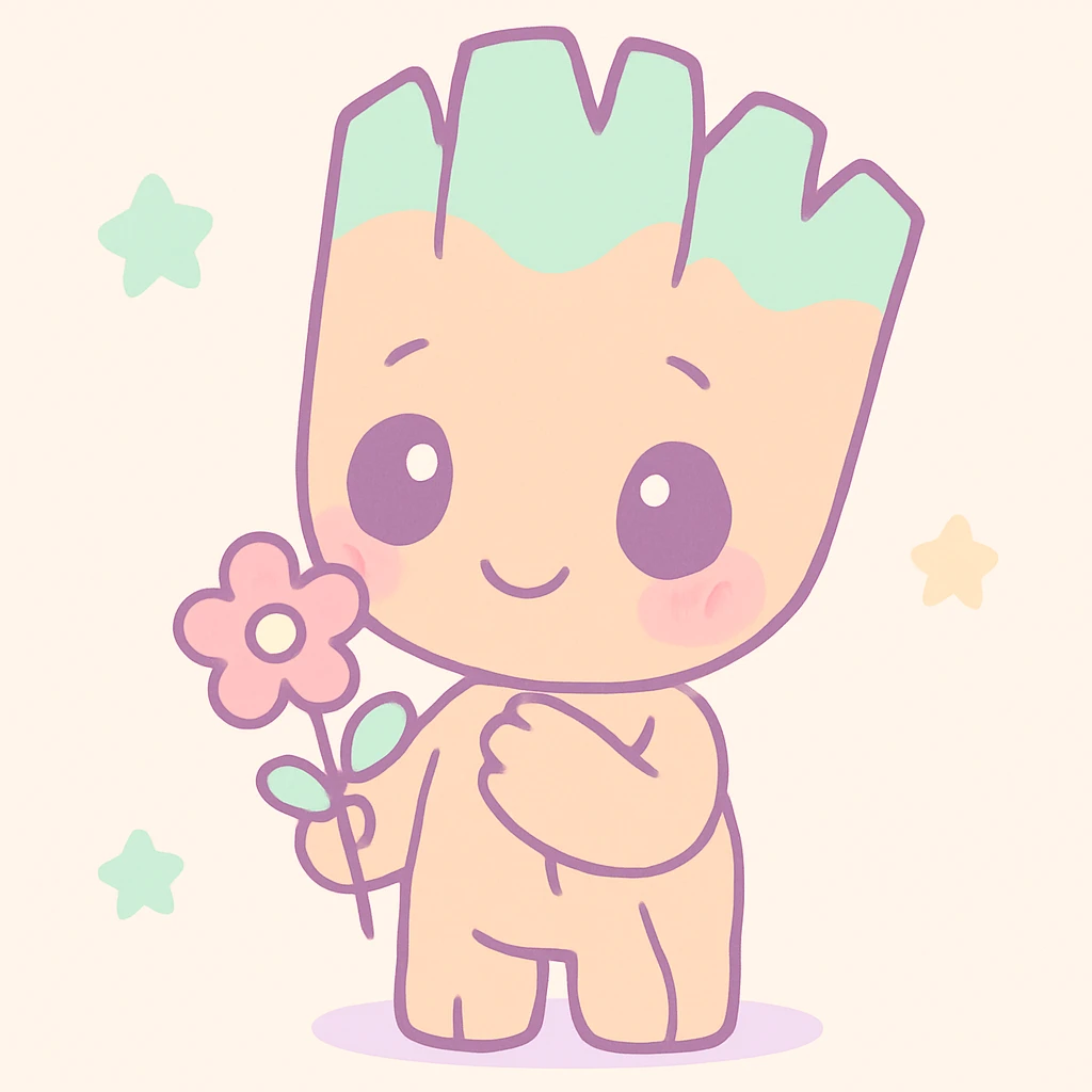 anime style Groot character, cute and shy, happy expression, holding a small flower emoji