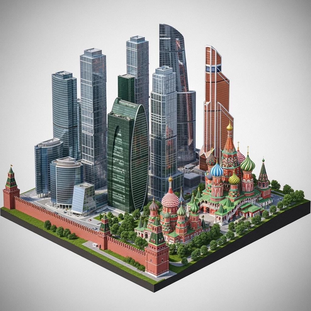 Изометрическая фотореалистичная иллюстрация-модель Москвы с Кремлем с Храмом Василия Блаженного и Сити, баланс между стилизацией и реализмом, эффект миниатюры, прозрачный фон emoji