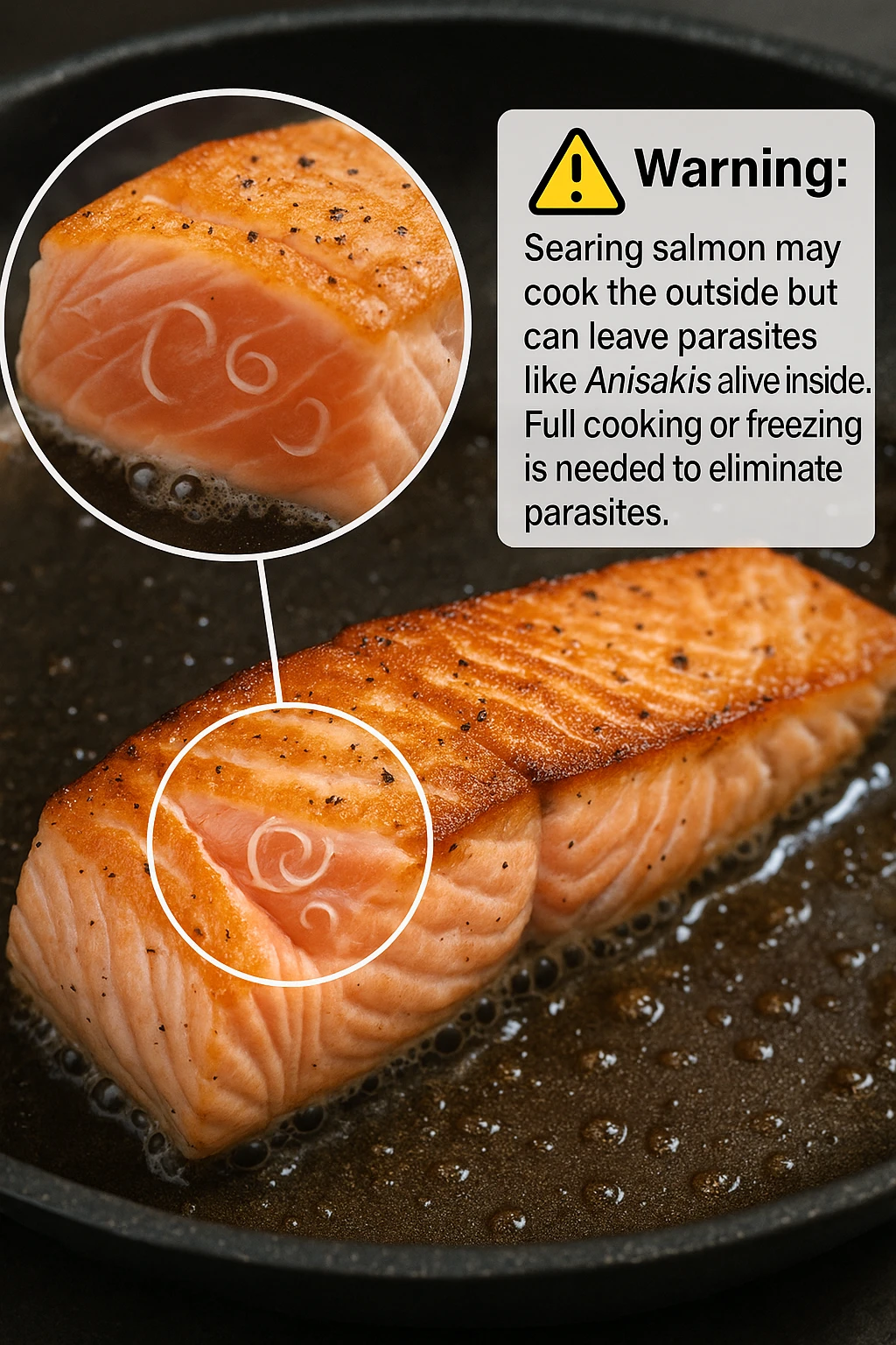 a close-up of a salmon fillet being lightly seared in a hot pan, with the outer layer cooked but the inside still raw. An inset magnifies the interior, showing visible Anisakis parasites surviving in the uncooked portion. A warning icon and educational text explain that searing alone may not eliminate all parasites. emoji