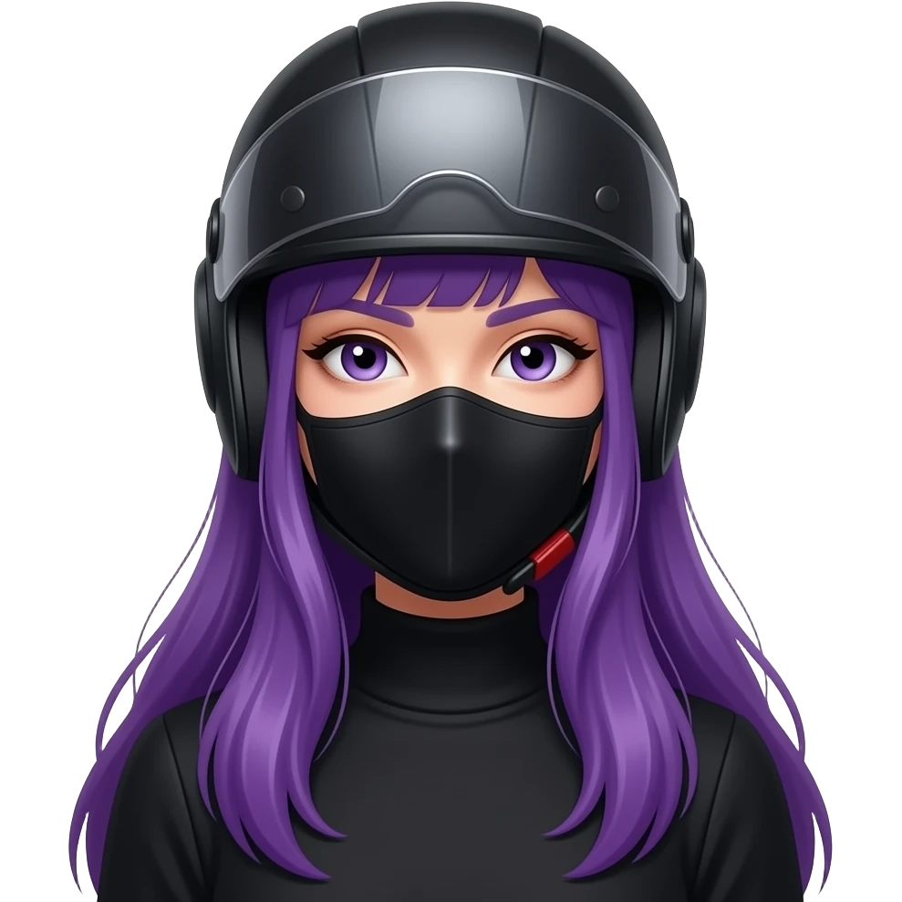 sexy girl with long purple hair wears black clothes with a helmet and a mask emoji