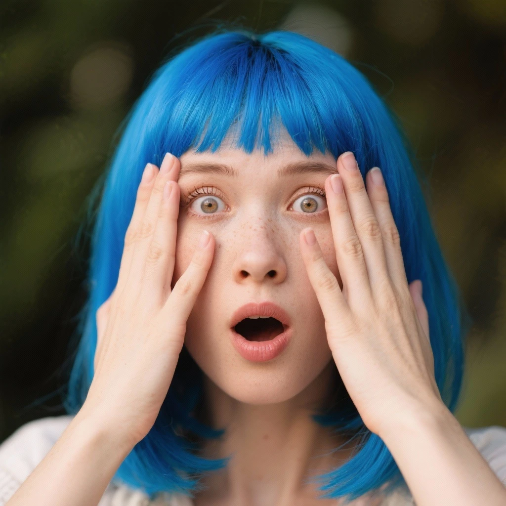 Woman with blue hair with hands over her eyes in disbelief  emoji