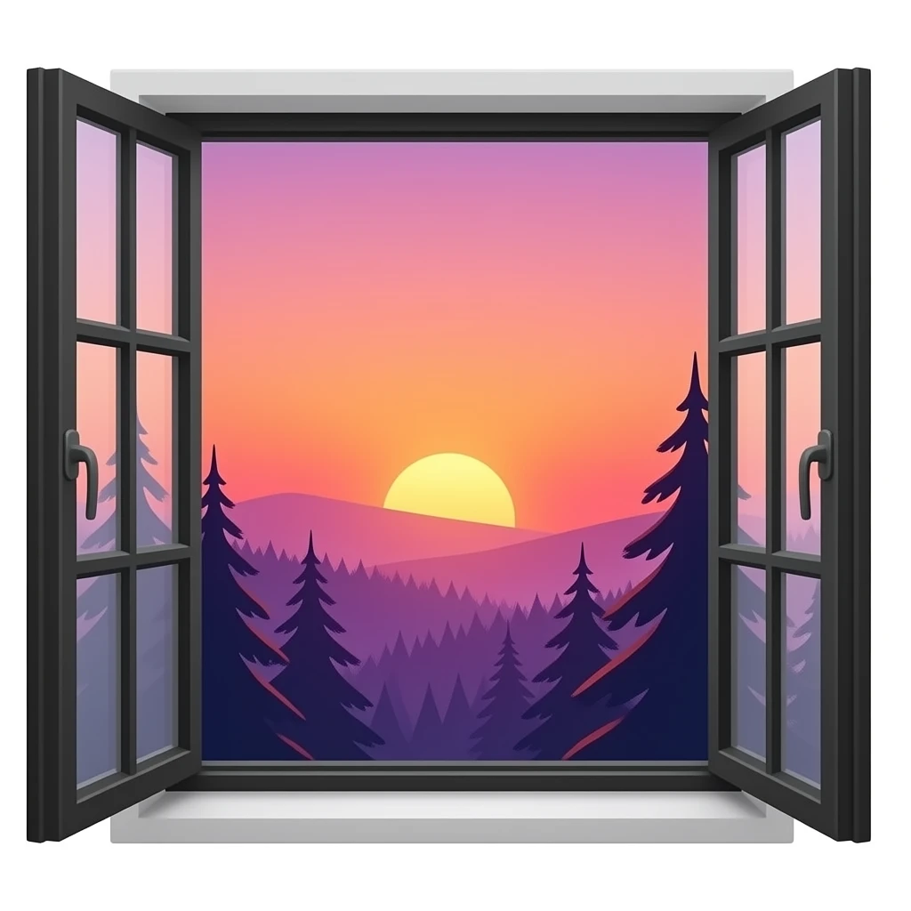 sunset pink, orange and purple  from a closed black window overlooking trees emoji