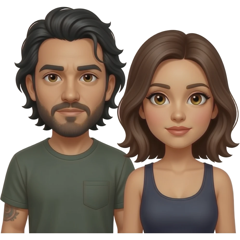 Latino couple man has a beard, medium hair and tattoos and his wife is beautiful with hazel eyes and shoulder length brown hair and their relationship is broken emoji
