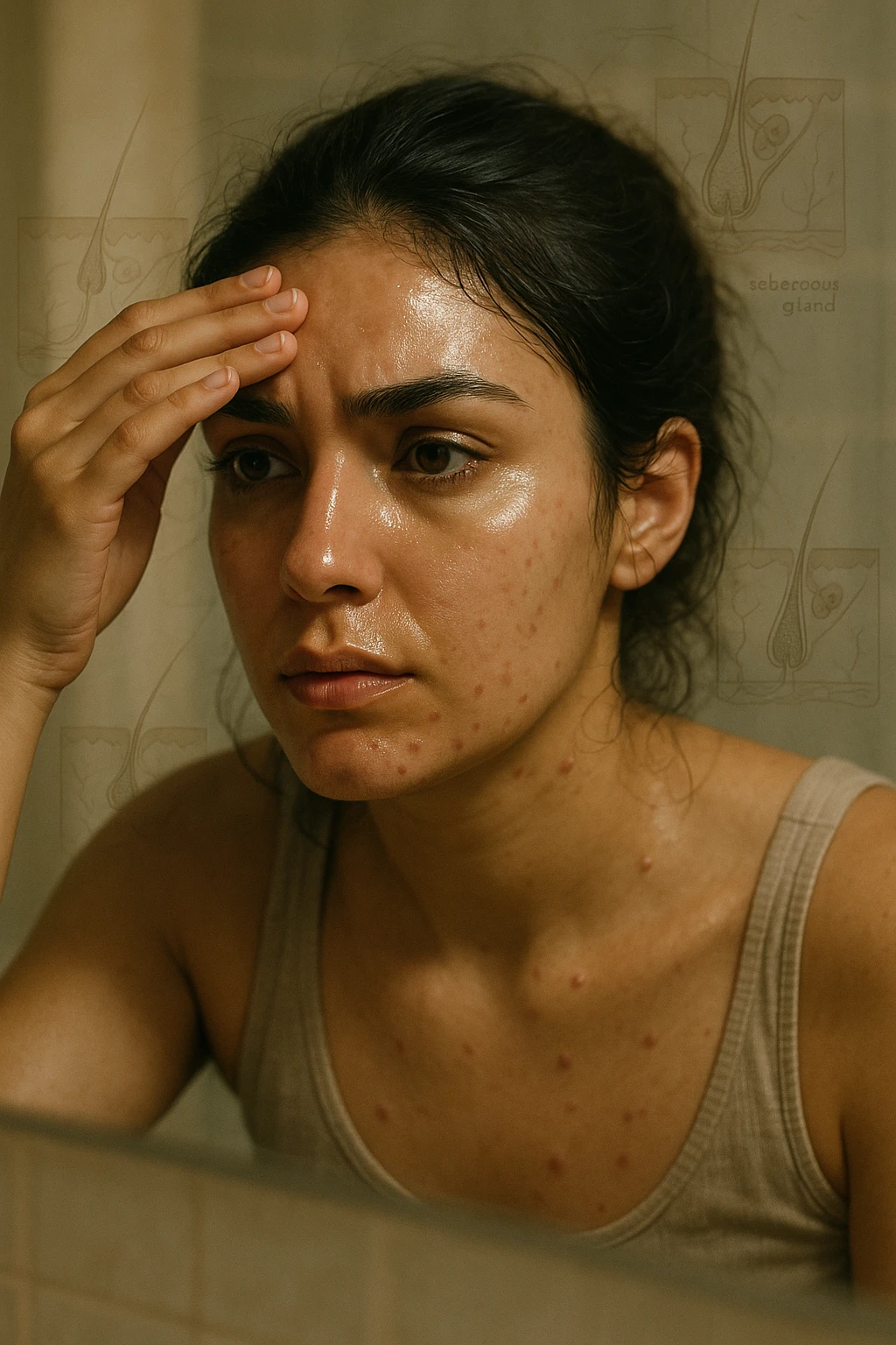 A realistic, cinematic portrait of a young woman in her late 20s with medium skin tone, sitting in front of a mirror in a softly lit bathroom. Her facial skin appears oily with a noticeable shine on her forehead, nose, and cheeks due to overactive sebaceous glands caused by PCOS. Small acne spots are visible along her jawline and chin, highlighting hormonal imbalance. She gently touches her forehead with her fingertips, checking the oiliness with a slightly concerned expression. Her dark hair is tied loosely, showing a few strands sticking to the sides of her face because of excess sebum. Subtle overlays of scientific diagrams of sebaceous glands can be softly blended into the background, symbolizing the overproduction of sebum. The atmosphere is clean and realistic, with warm daylight tones and a soft depth of field, ensuring emotional connection while maintaining medical educational value. 35mm film style, highly detailed skin texture and reflections on the oily areas for a hyperrealistic effect in italiano emoji