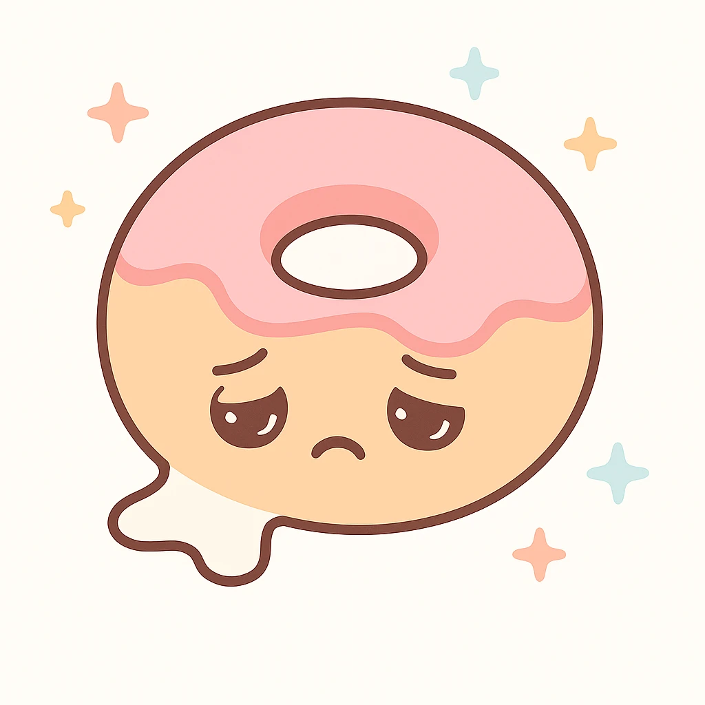 Make the donut's face look exhausted (not sad), and have the white creme dripping out of the donut hole. Keep the kawaii style. emoji