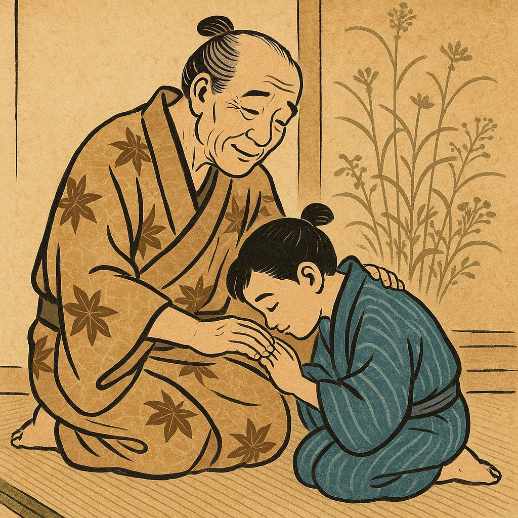 ukiyo-e style illustration of a respectful child and parent, traditional filial scene emoji