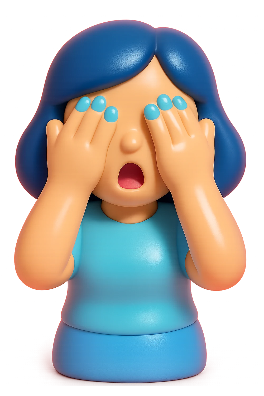 Woman with dark blue hair and blue fingernails with hands over her eyes in shock emoji