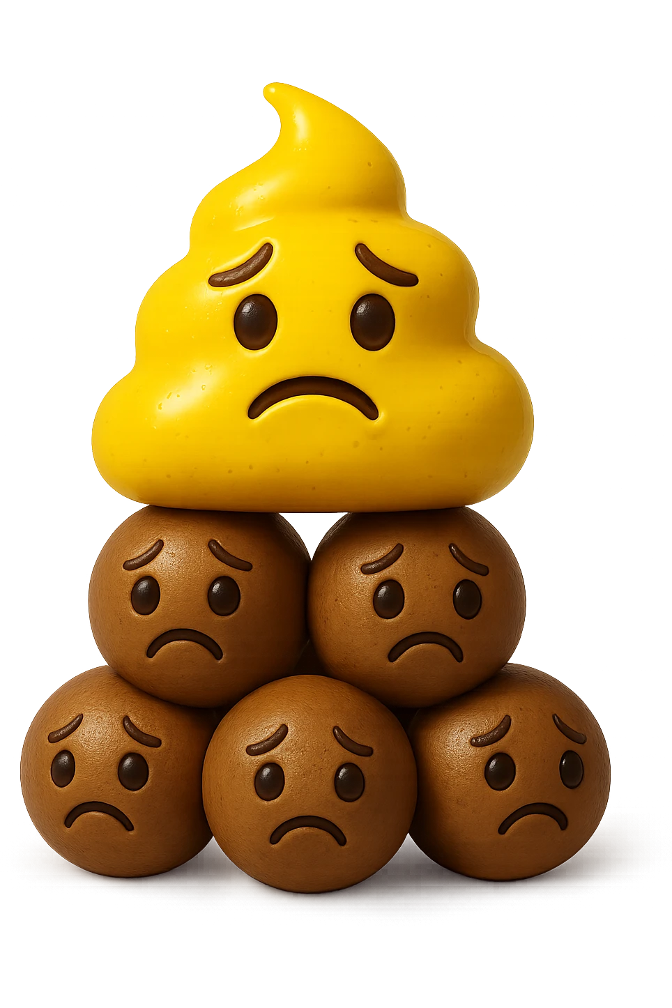 emoji stile iphone di una cacca giallina e liquida con espressione triste, sopra una montagnetta di feci a palline con espressione triste, iperrealistico 4k emoji