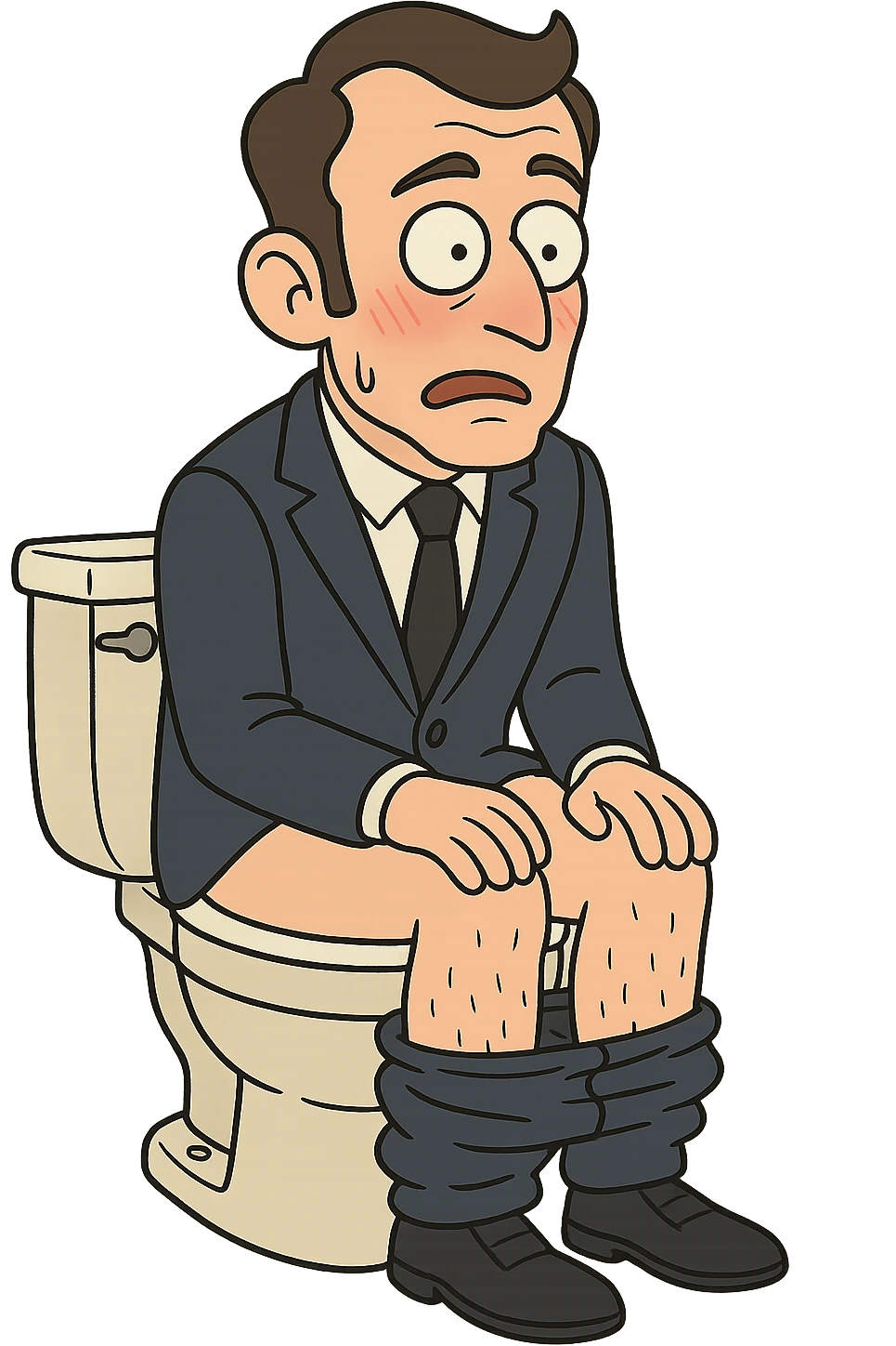 cartoon of a man resembling a French leader, sitting on a toilet, blushing and looking surprised, light humorous style, no explicit details emoji