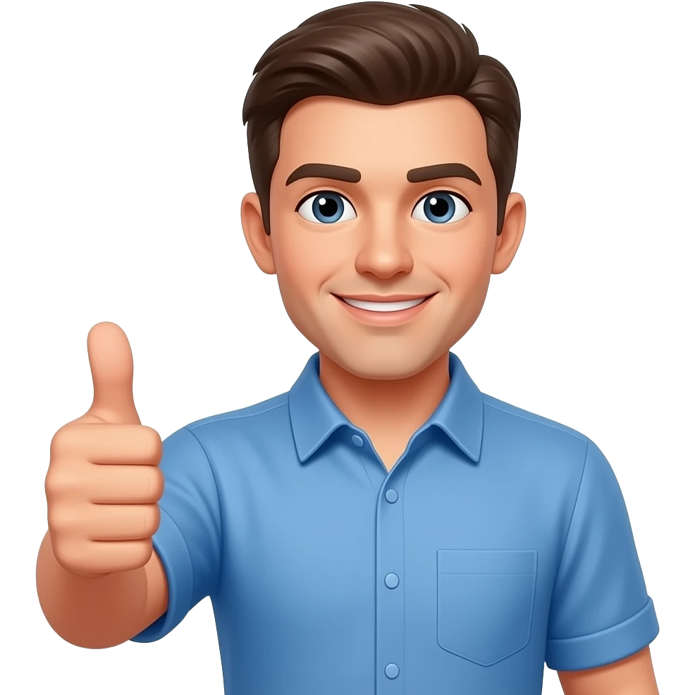 white man in blue shirt showing a thumb up emoji