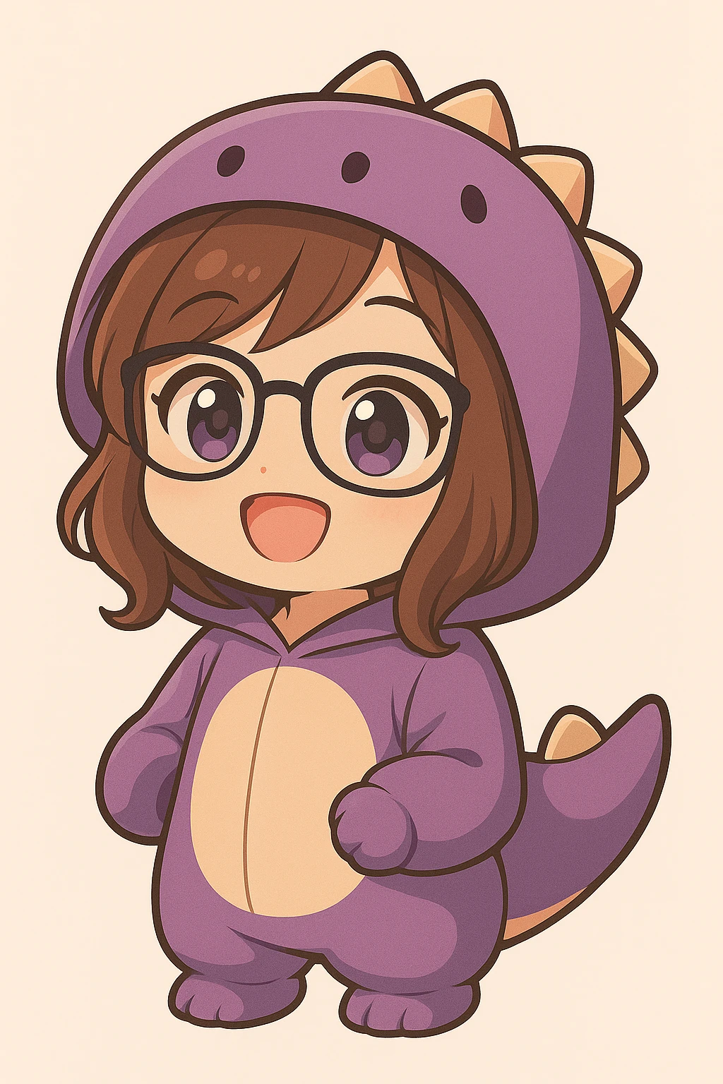 Fix the cuffs on the sleeves to look more natural and consistent with the chibi anime style. Keep the girl happy, eyes open, with glasses, brown hair, dark purple eyes, and a purple dinosaur costume. Remove the controller. No background. emoji
