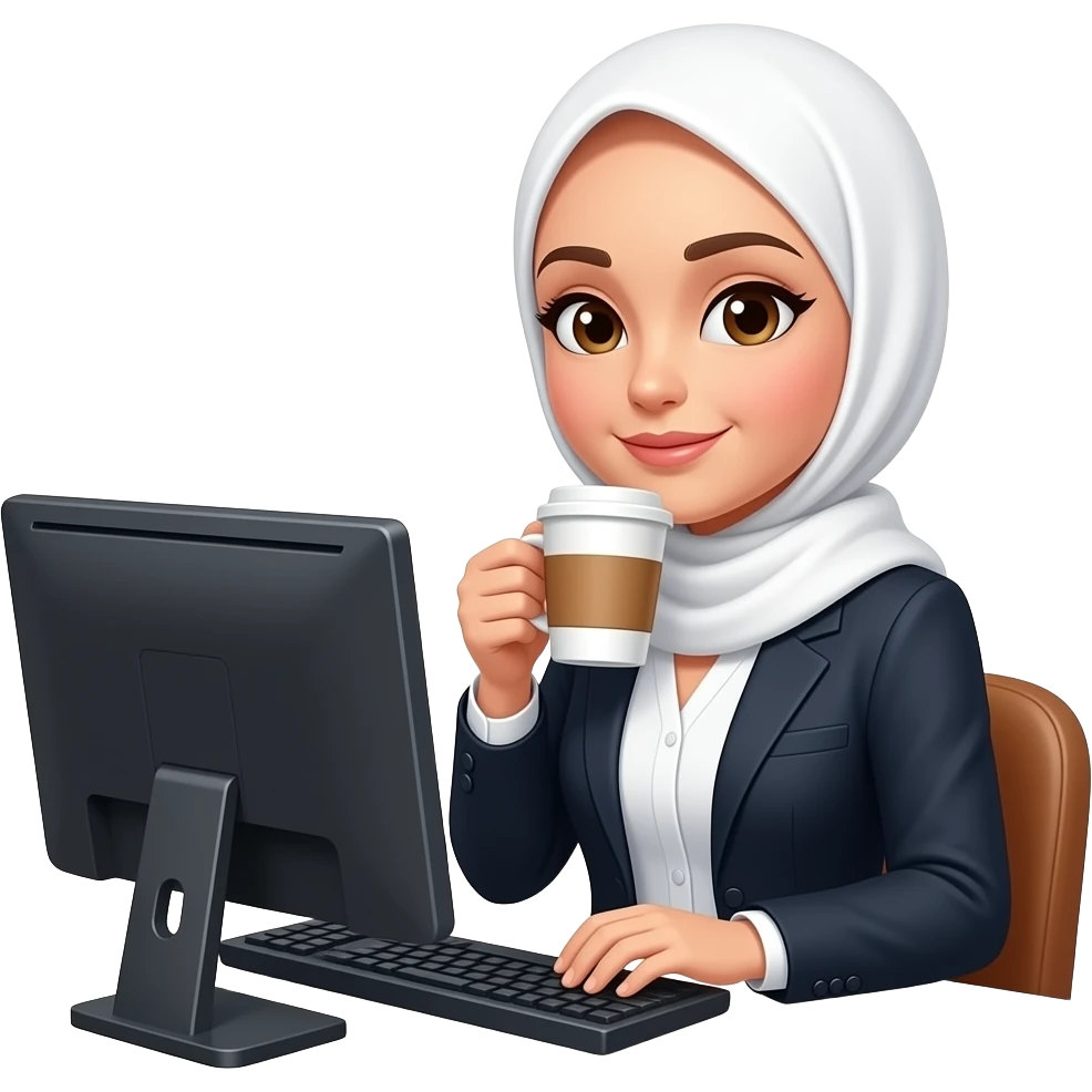 Secretary women with white hijab lack hair computer and drinking coffee emoji