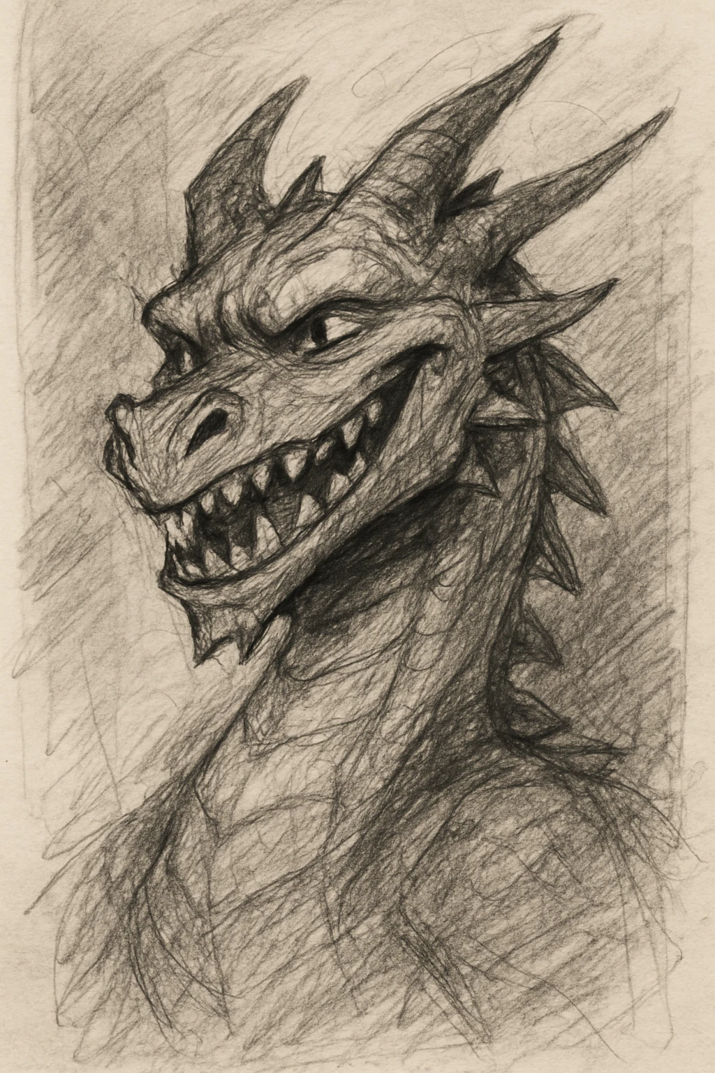 a dragon grinning, pencil sketch style emoji